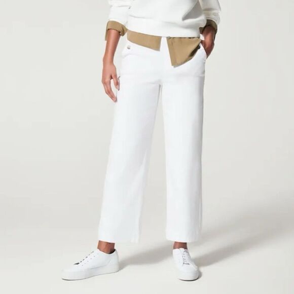 New Spanx Stretch Twill Cropped Wide Leg - White Sz M - Picture 1 of 10